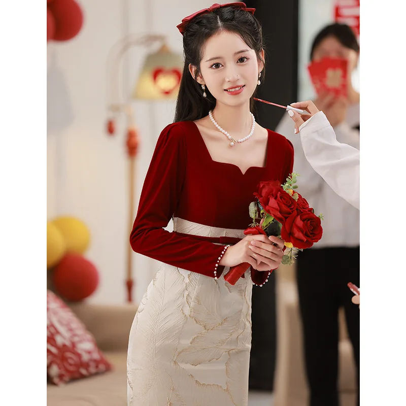 Sexy Wrapped Hip Dress Autumn Winter Velvet Slim Cheongsam Bridal Engagement Wedding Toast Clothes Vintage Elegant Party Dresses