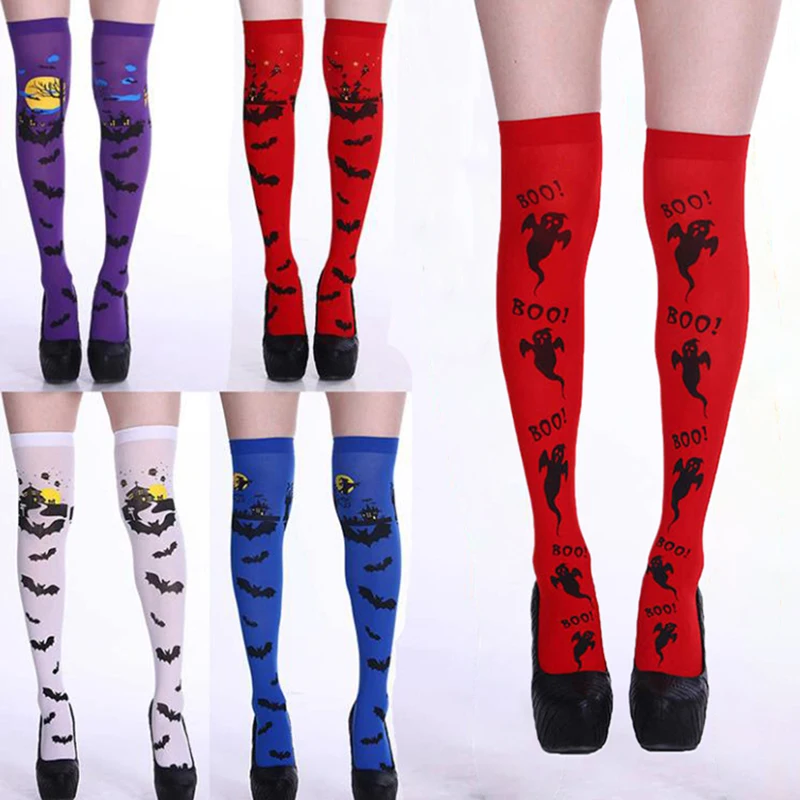 Halloween Stockings Bat Printed Over Knee Long Socks Adult Ghost Festival Cosplay Costume Accessories