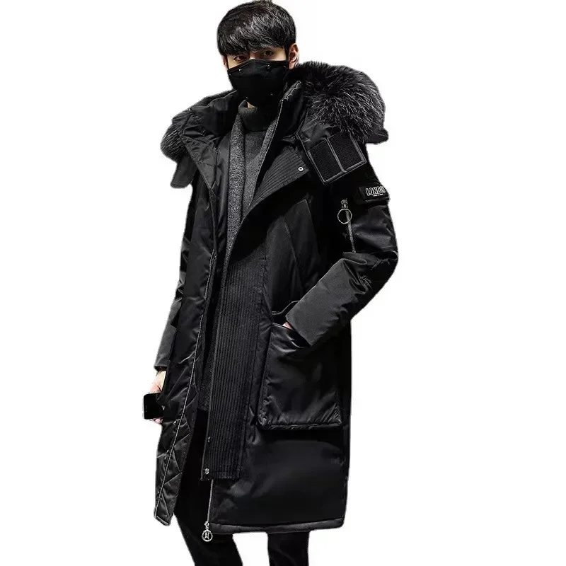 Winter Down Jacket Men\'s Long High Quality Large Fur Collar Hooded Ski Parka Women Korean Thickened White Duck Down Warm Coat