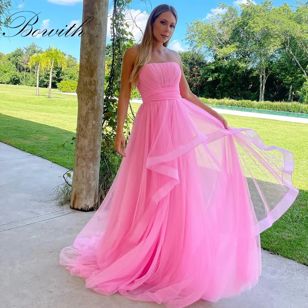 

Bowith Women Pink Evening Dresses for Special Occasion Strapless Floor-Length Soft Tulle Prom Dresses Customized Party Dresses