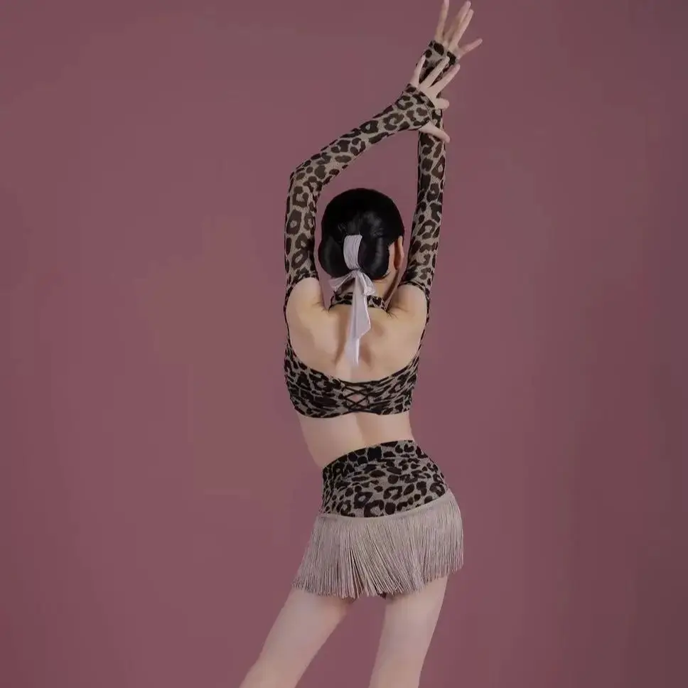 라인댄스 의상 무대 의상 세트 레오파드 라틴댄스 프린지 스커트 라틴댄스 트레이닝 긴팔 상의