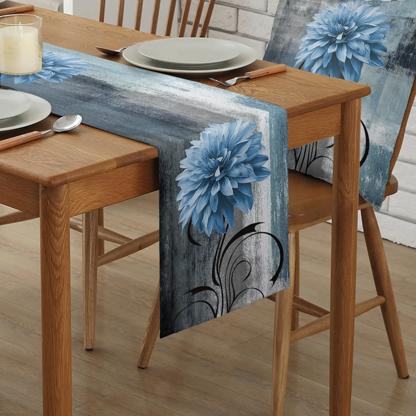 Dahlia Oil Painting Abstract Texture Plant Flower Blue Linen Table Runner Kitchen Decoration Tablecloth Wedding Party Decor