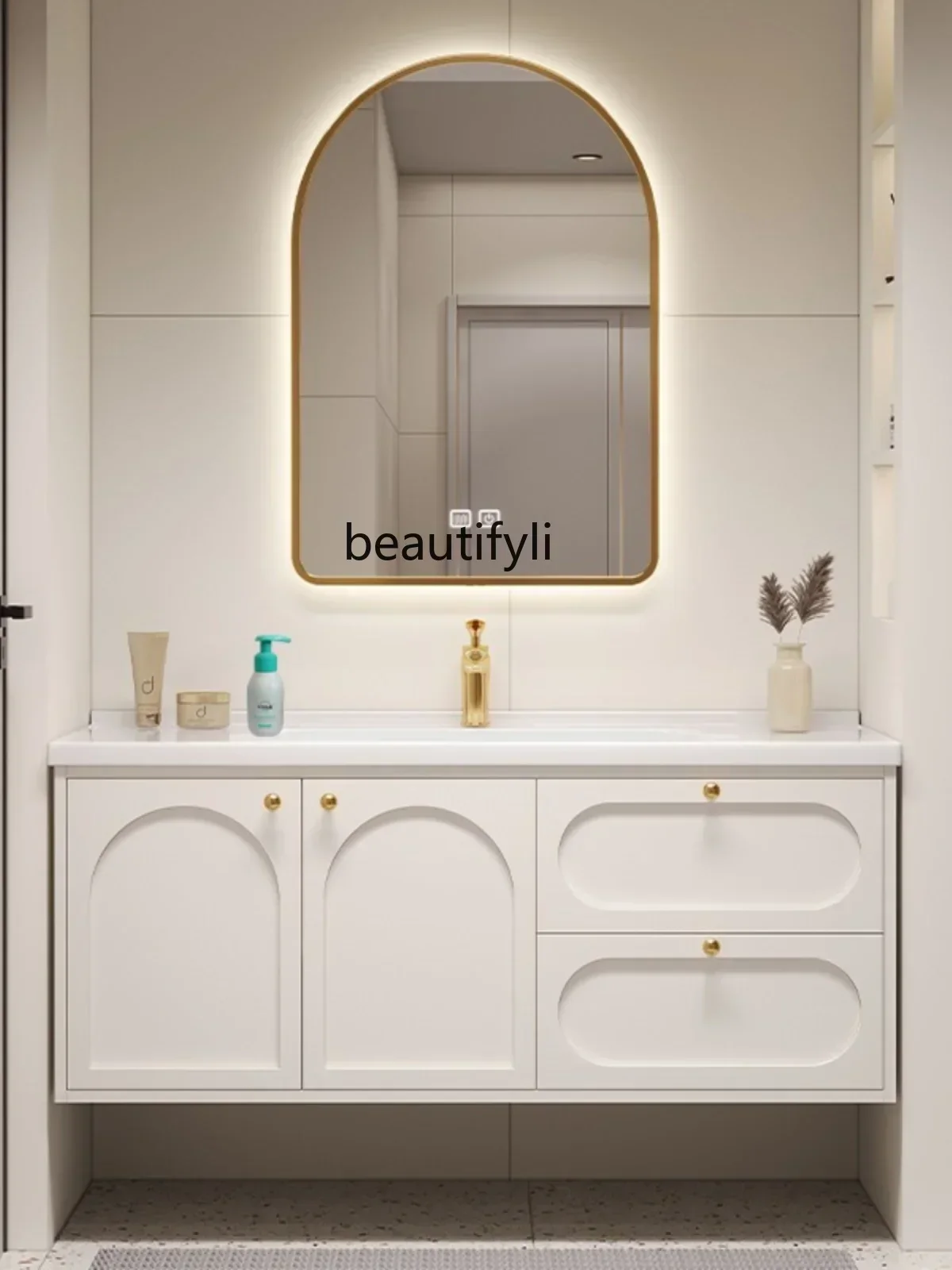 

Cy56 YH Cream Style Smart Solid Wood Bathroom Cabinet Combination Wall-Mounted Integrated Ceramic Basin Bathroom Cabinet