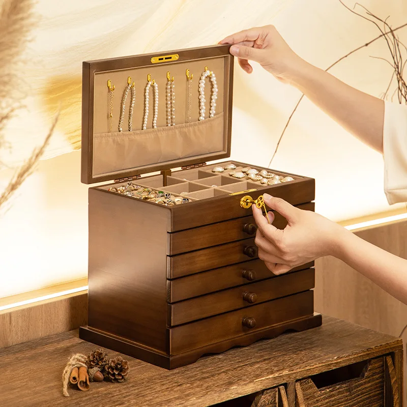 Solid wood jewelry box storage box with lock antique large capacity Chinese multi-layer Chinese style household jewelry box