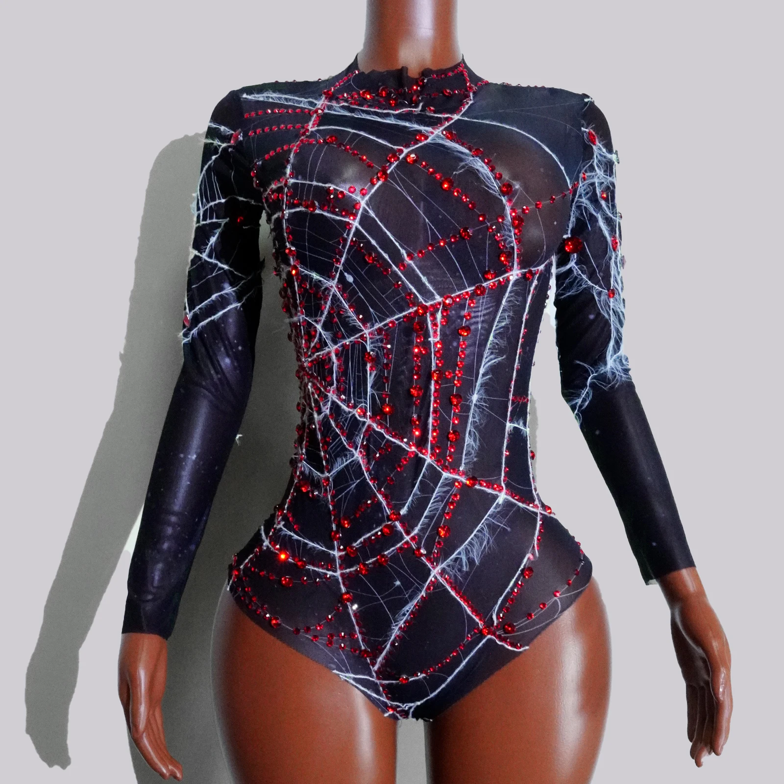 

Glitter Rhinestones Black Bodysuit See-through Spider Web Printed Drag Queen Outfit GoGo Dance Costume Woman NightClub Birthday
