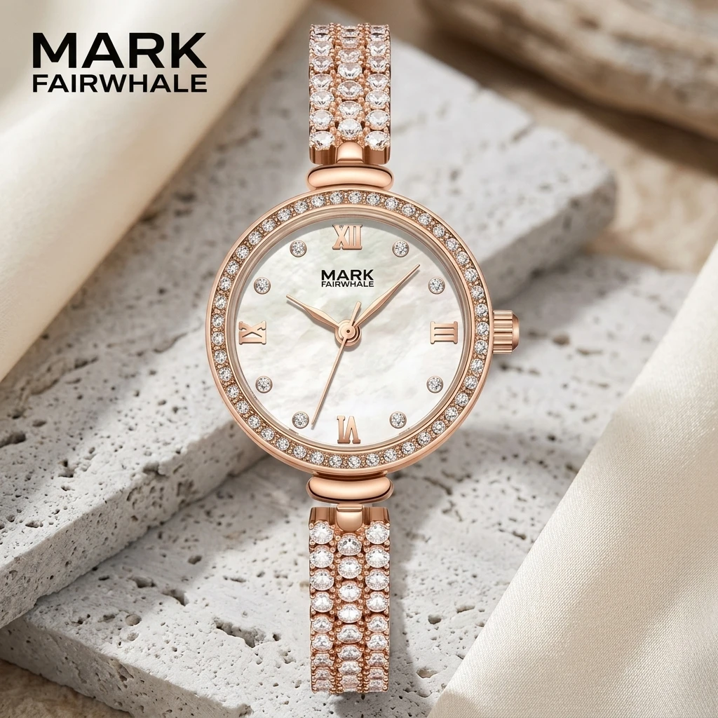 Women Round Quartz Wristwatch Mark Fairwhale MOP Shell Dial Roman Numeral & Crystal Index Diamond Bracelet Ladies Watch