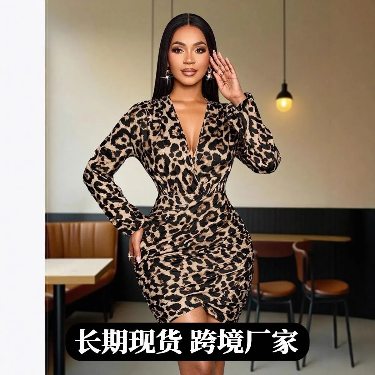 

2026 Spring New Fashion and Comfortable Leopard Print Long-sleeved Dress Sexy Hot Girl Print Satin Skirt