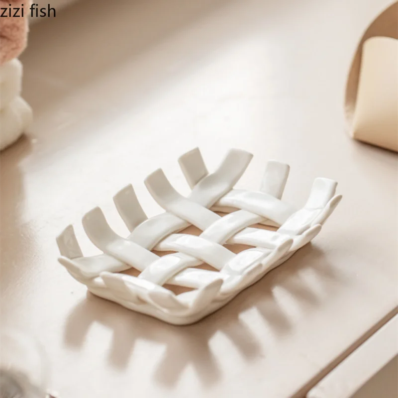 Hand-woven Ceramic Soap Dish Soap Box Drain Rack Soap Stand Shelf Soap Tray Bathroom Supplies Organizer Decoration Accessories