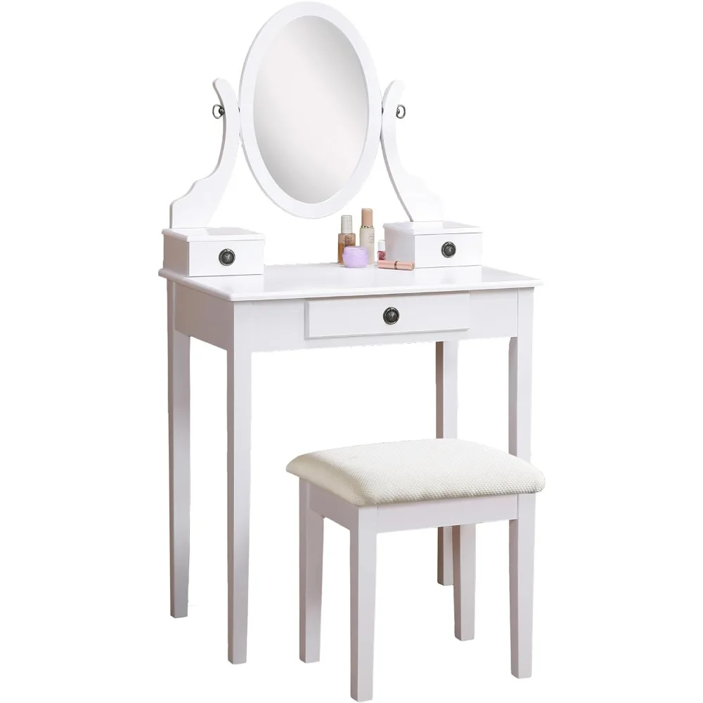 White Wood Vanity Table and Stool Set , includes vanity table, mirror and stool, 3 storage drawers (3415WH) Medium