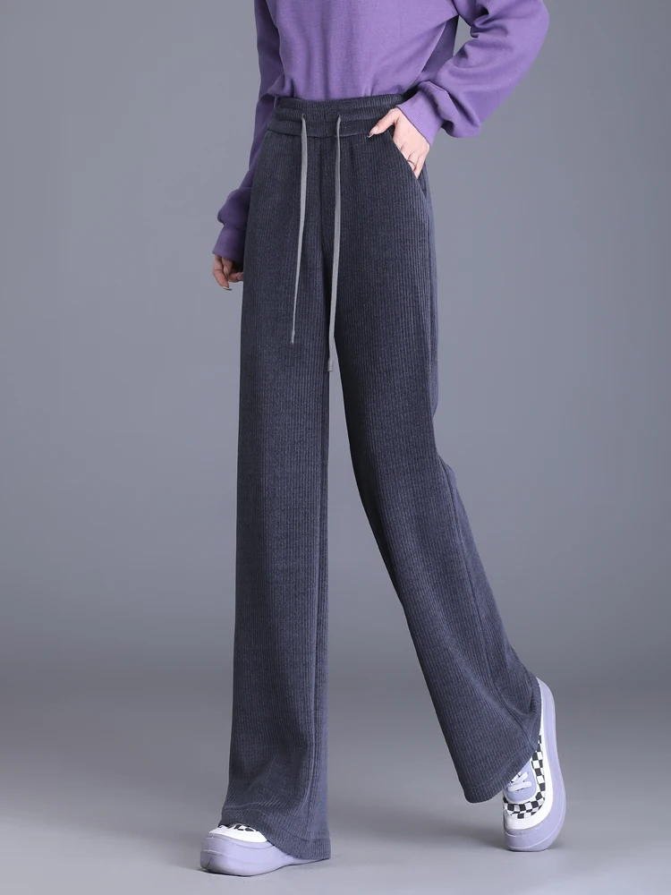 

Повседневные широкие брюки на флисовой подкладке для женщин, с высокой талией, прямого кроя, осенне-зимние, новый стиль, элегантные, из полиэстера и спандекса