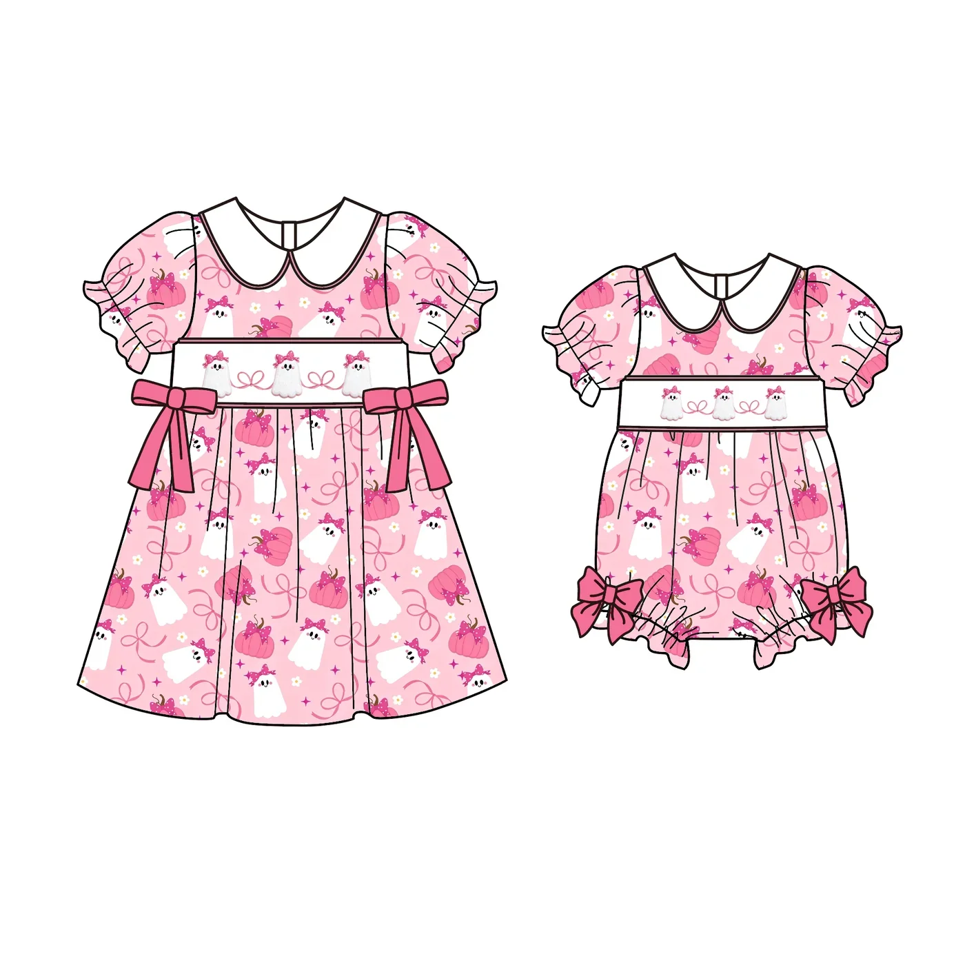 Best Seller Boutique Girls Dress and Romper Long Style Bow Decoration Halloween Ghost Print Custom Wholesale