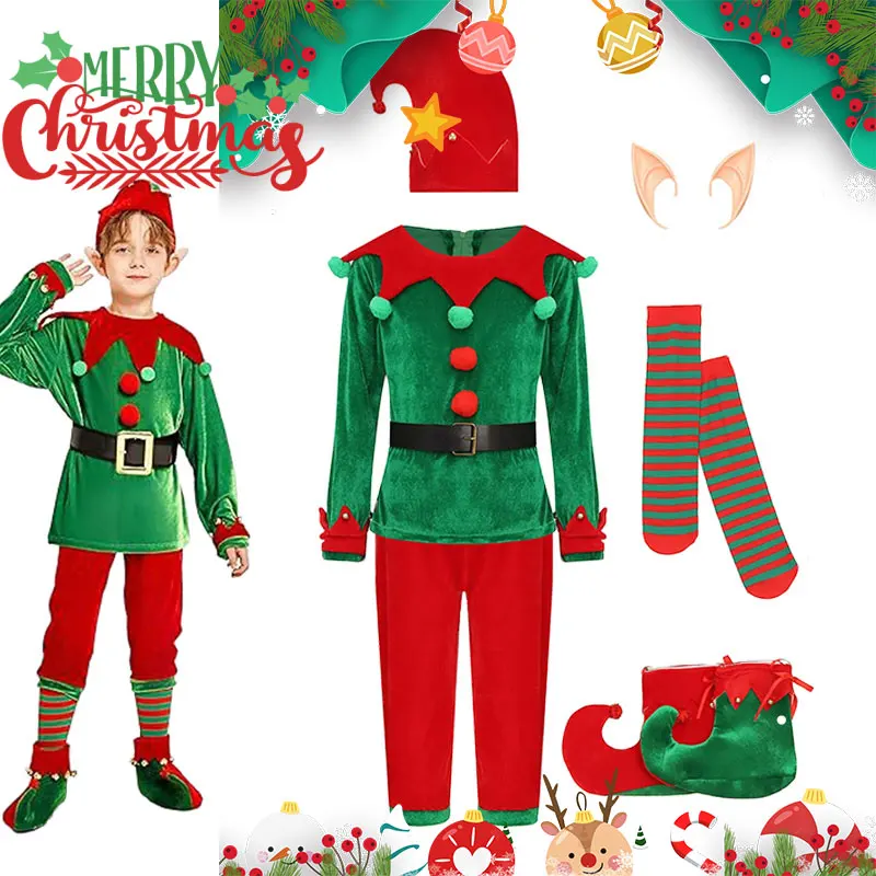 2-12 Yrs Kid Deluxe Christmas Elf Costume 7 Pieces Green Red Elevs Suit Top+Pants+Socks+Hat+Belt+Shoes Covers+Ears Santa Uniform