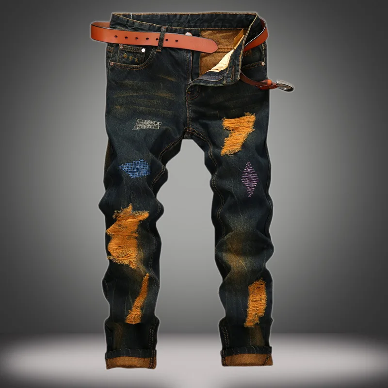 American Individualistic Distressed Straight-leg Jeans for Men, with Vintage Ripped Details and A Casual Long Pants Style.