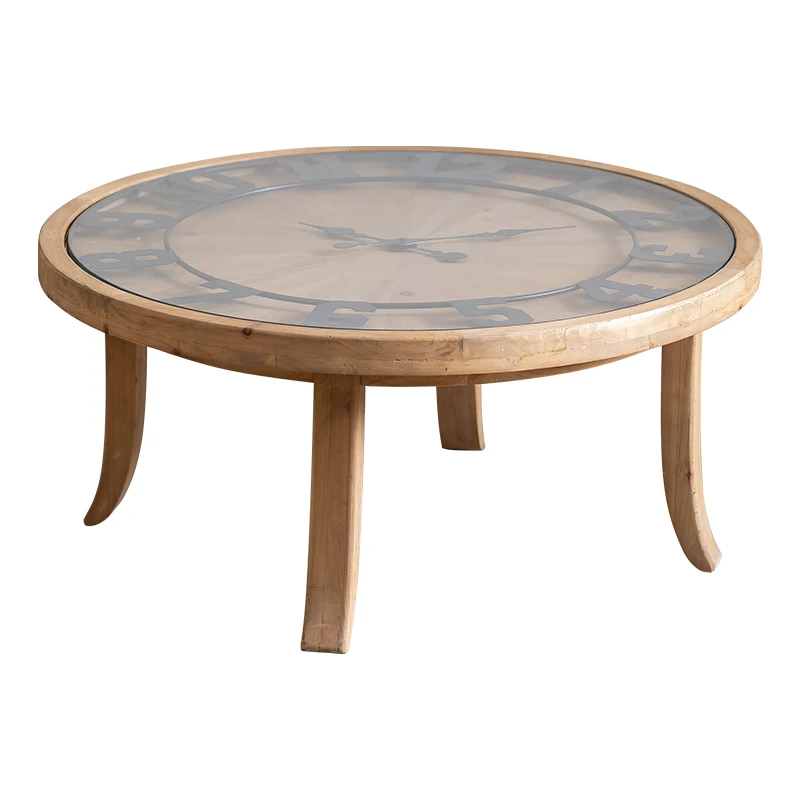 Wabi Sansi wind solid wood  retro round small apartment glass surface living room small table creative clock side