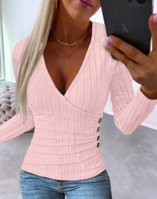 

Fashion Woman Blouse 2023 Spring Simple Side Button Design Long Sleeve V-Neck Casual Solid Daily Skinny Pullover Knit Top