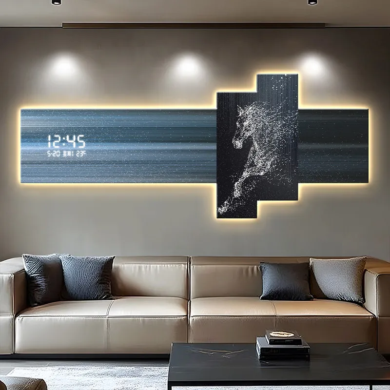 Modern Light Luxury Living Room Decoration Painting Sofa Background Wall Hanging Painting  Feeling Clock Mural Strip Light Led