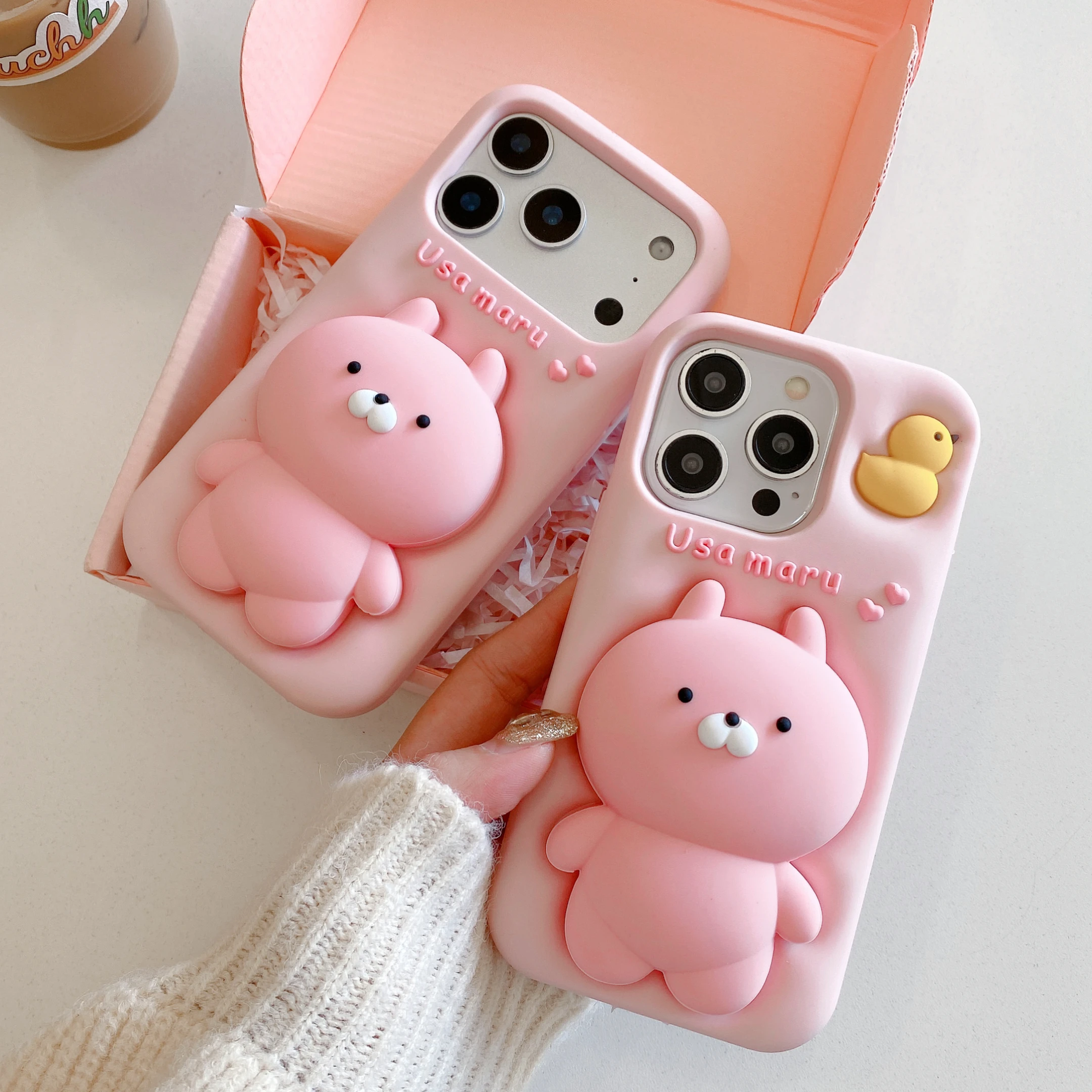 

3D Pink Cases Telecopic Bracket For iPhone 13 14 15 16 17 Pro Max Cute Cartoon Rabbit Soft Silicone Phone Case Back Stand Cover