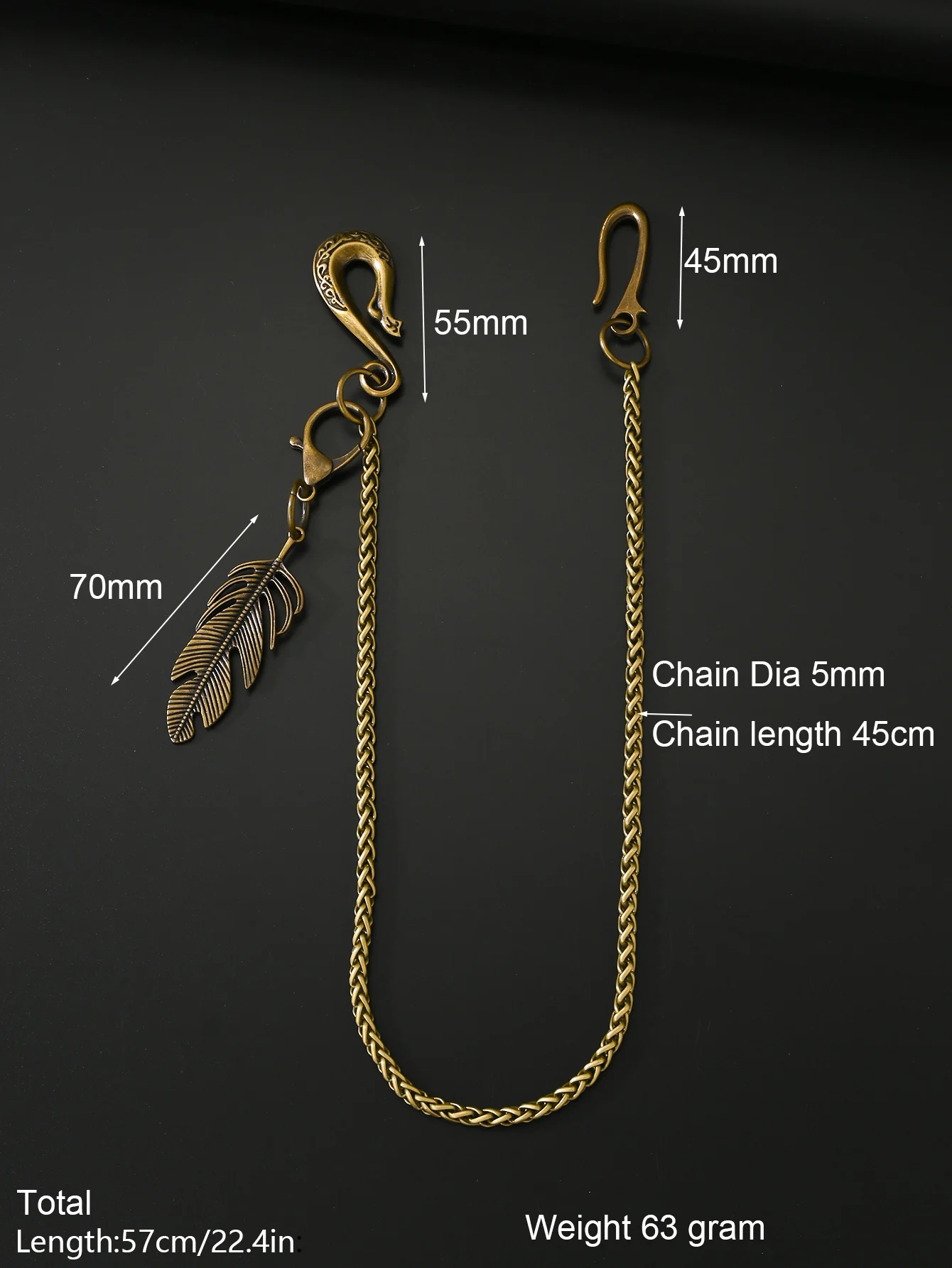 Unique 22ins pants trucker biker  jean 5 mm snake chains  Indian Feather pendant U hook clasp keychain bronze Gothic