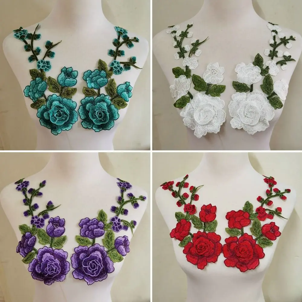 1 Pair Elegant 3D Flower Embroidery Flower Applique Red Multi-color Sew On Patch Embroidery Patches Crafts Clothing Accessories
