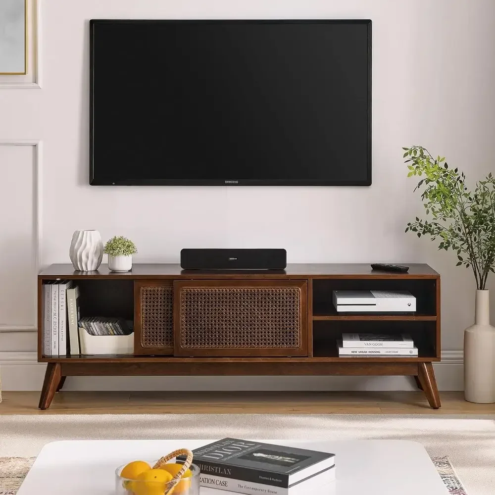 Rattan 59 Entertainment Center with Solid Wood Legs, Adjustable Shelves & Divided Storage for 65 Inch TVs in Walnut Finish