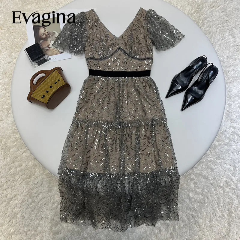 

Evagina 2023 High Street Runway Fashion Designer Dress Women's V- Neck Embroider Sequin Cascade Slim-Fit Midi Dresses