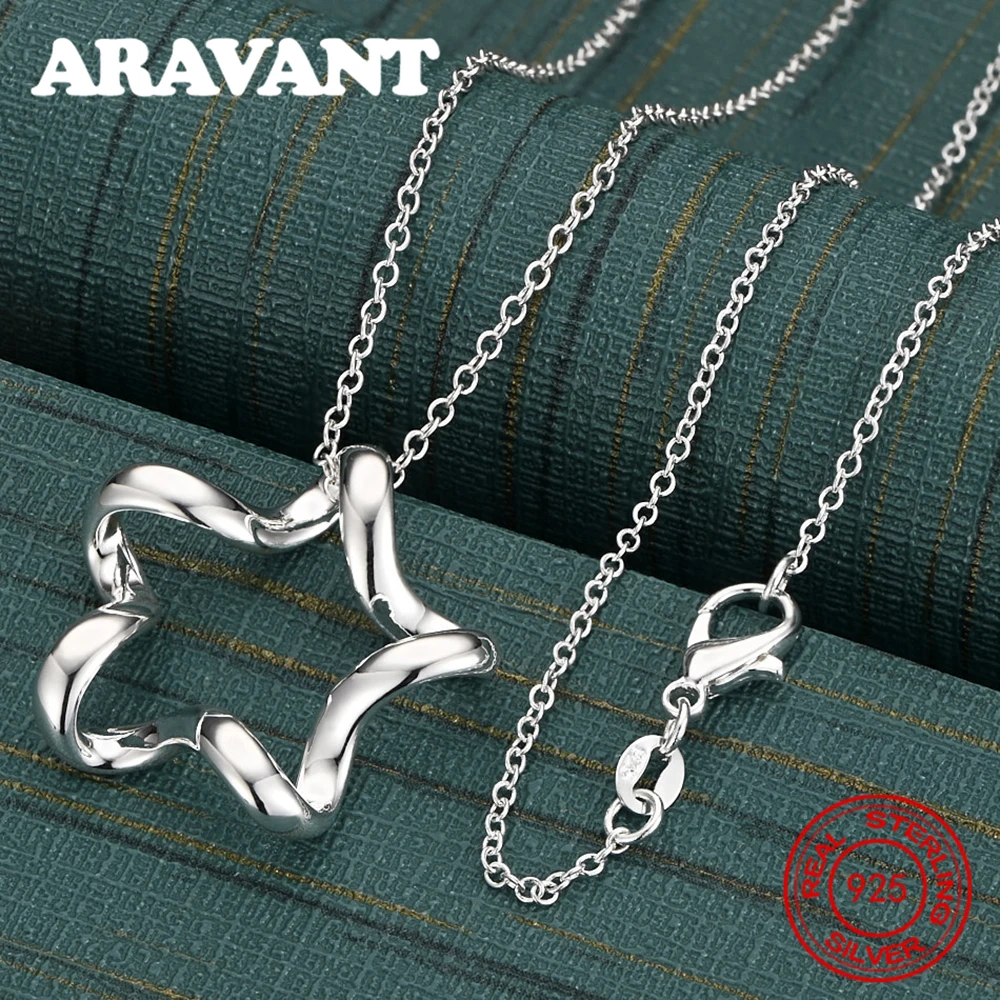 925 Sterling Silver Wave Five-Pointed Star Pendant Necklace For Women, Commuter Accessory, Christmas Gift Jewelry