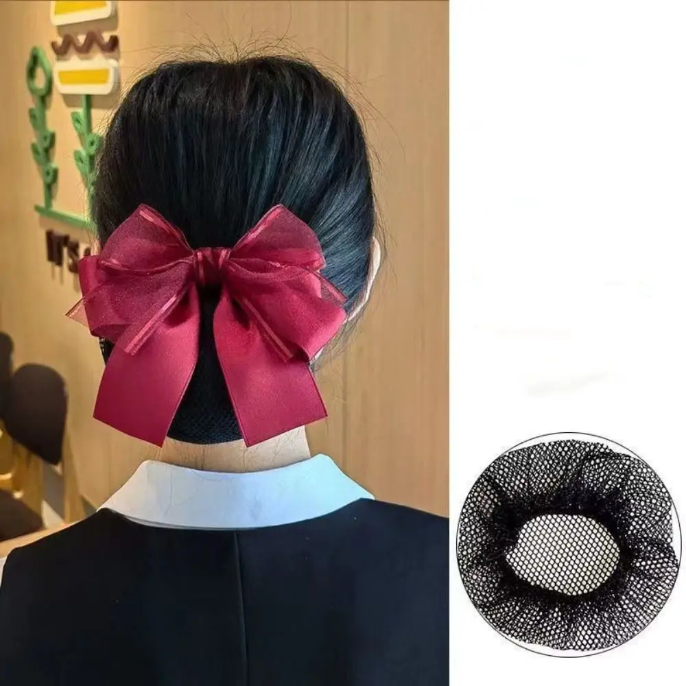 Elegant Bow Korean Bun Snood Cloth Korean Style Bowknot Hair Bun Women Spring Clips Hairgrips Cover Net Flight Attendant