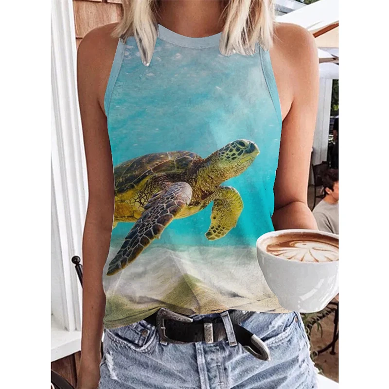 Sea Turtle Fish 3D Print Tank Top Summer Women Beach Streetwear Y2k Tops Oversized Vest Off Shoulder Sleeveless Woman Camisole