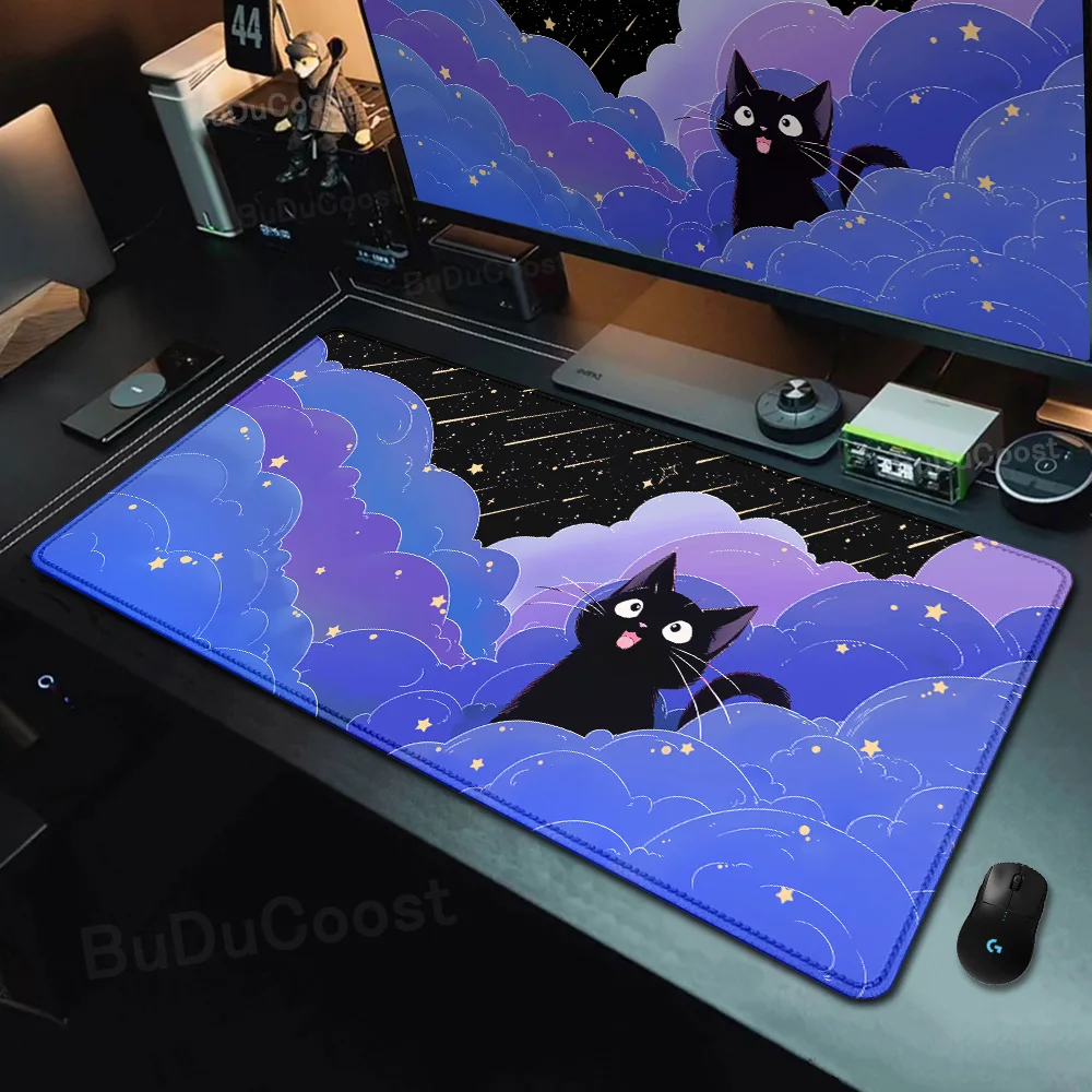 Kawaii Black Cat Mousepad Fast Delivery Keyboard Desk Mat 40x90cm Lock Edge Extend Mouse Pad Starlit Sky Office Table Protection