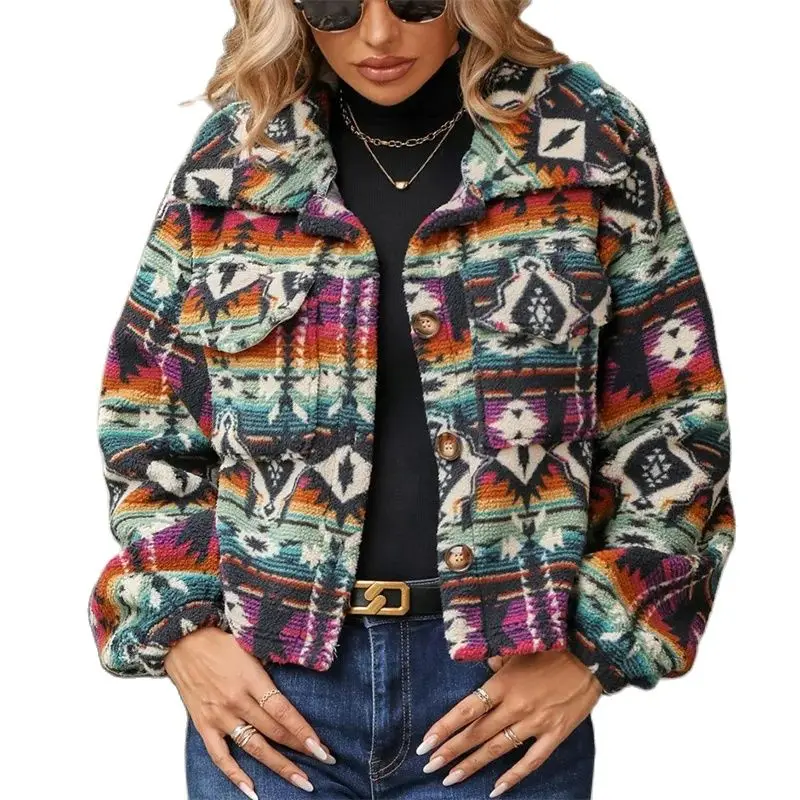 Indie Folk Print Women Double-sided Fleece Plush Coat Short Jacket Pile Loose Tops Velvet Female Streetwear Fluff Coats Autumn