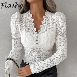 Sexy Women Blouses Lace V Neck Button White Top Female Long Sleeve Shirt Woman Elegant Solid Color Slim Shirts