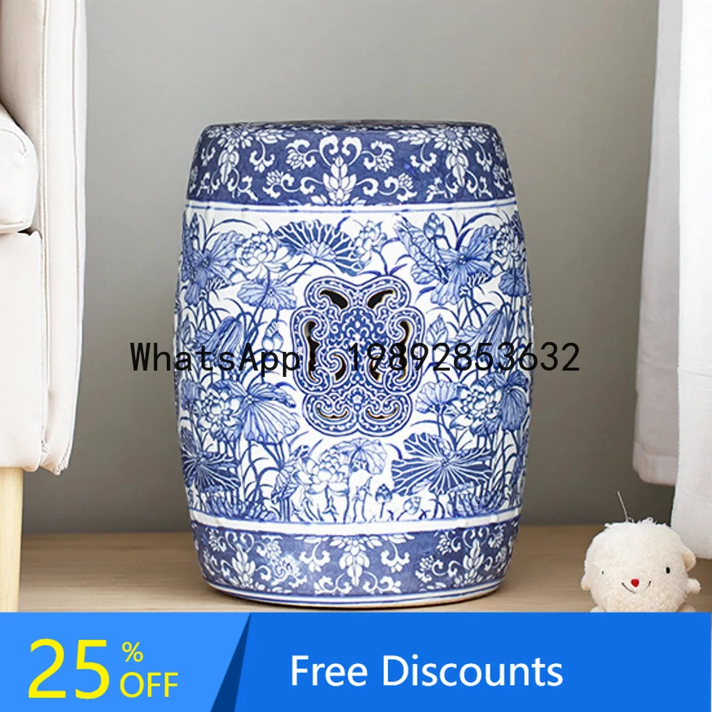 Blue and White Porcelain Ceramic Drum Stool Tea Room Balcony Ceramic Stool New Chinese Style Ceramic Decorative Ornament