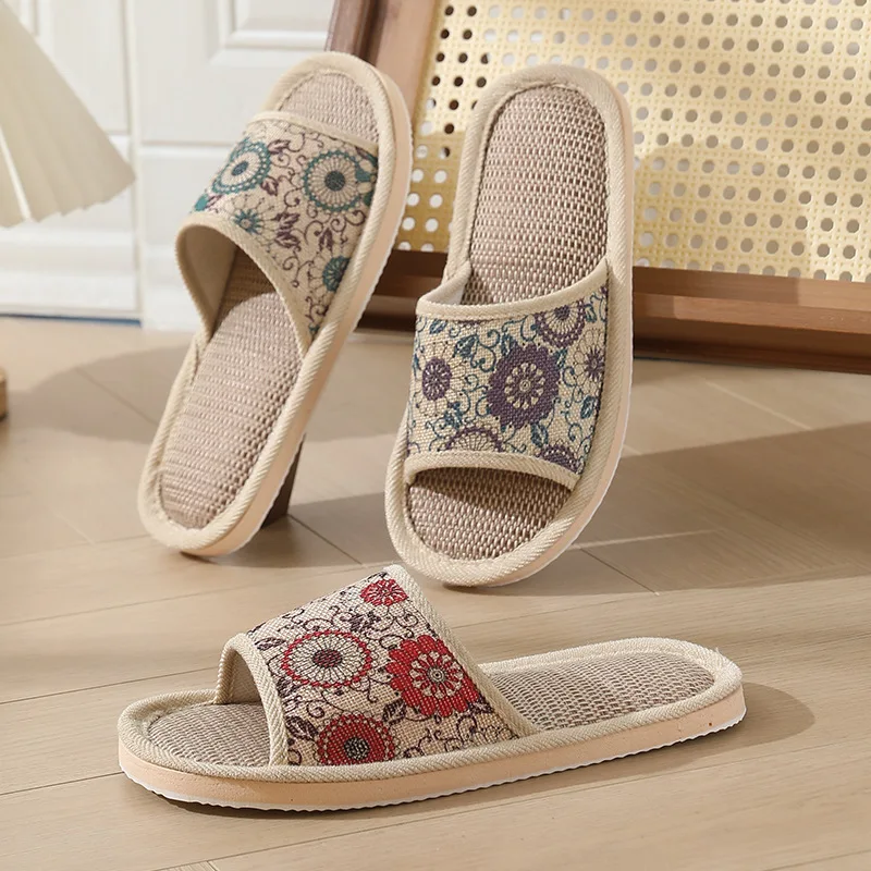 Four Season Couple's Multicolor Linen Slippers Women Indoor Striped Non-Slip Sandals Men Comfort Indoor Floor Breathable Slides image 3