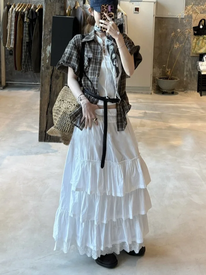 Em camadas de renda retalhos elástico cintura alta bolo saia midi saia coreano sle cor saia longa para mulher