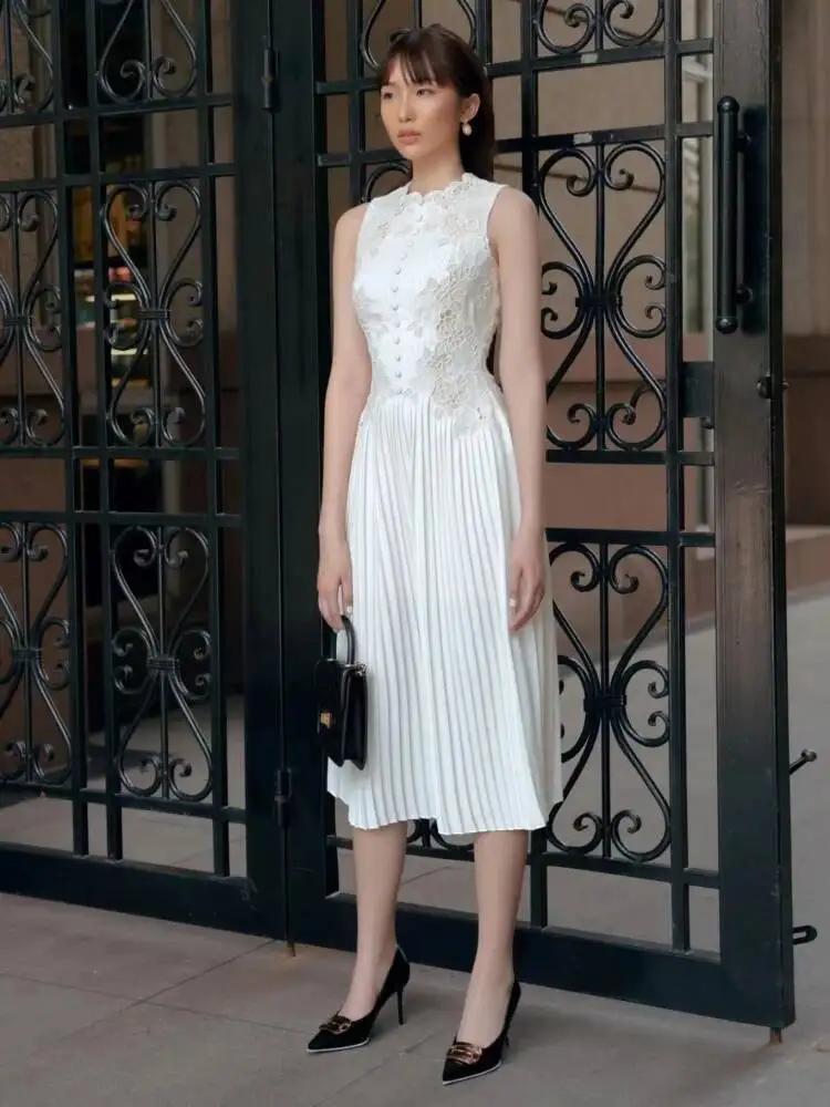 Robe plissée brodée pour femmes, mode d'été, sans manches, fleur au Crochet, ajourée, blanche, Robe de bal