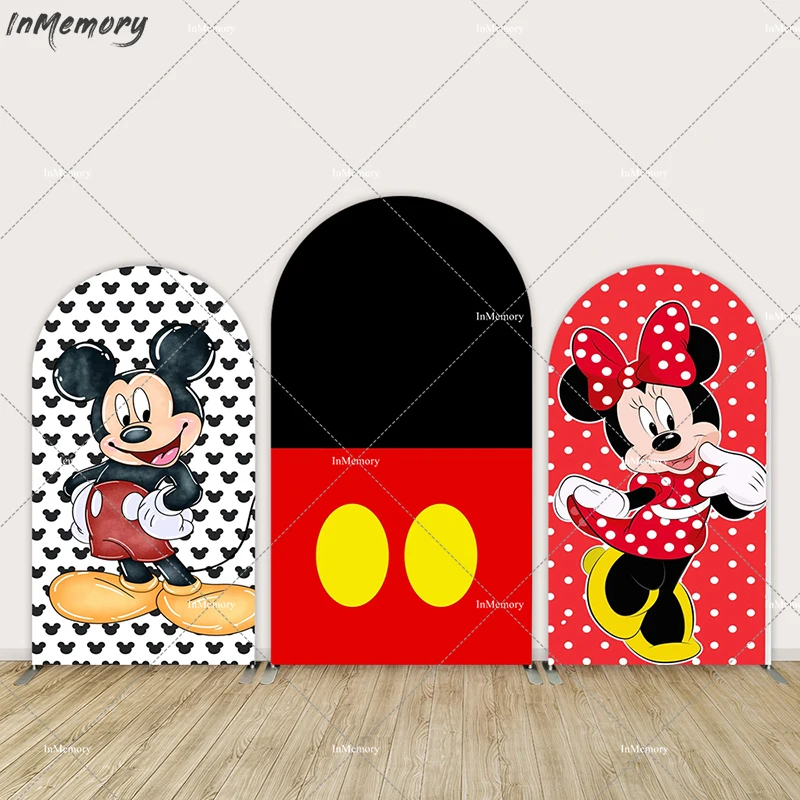 Cartoon Mickey Mouse Arched Cover Backdrop for Kids Birthday Party Decoration Red Dots Minnie Mouse Arch Wall Background