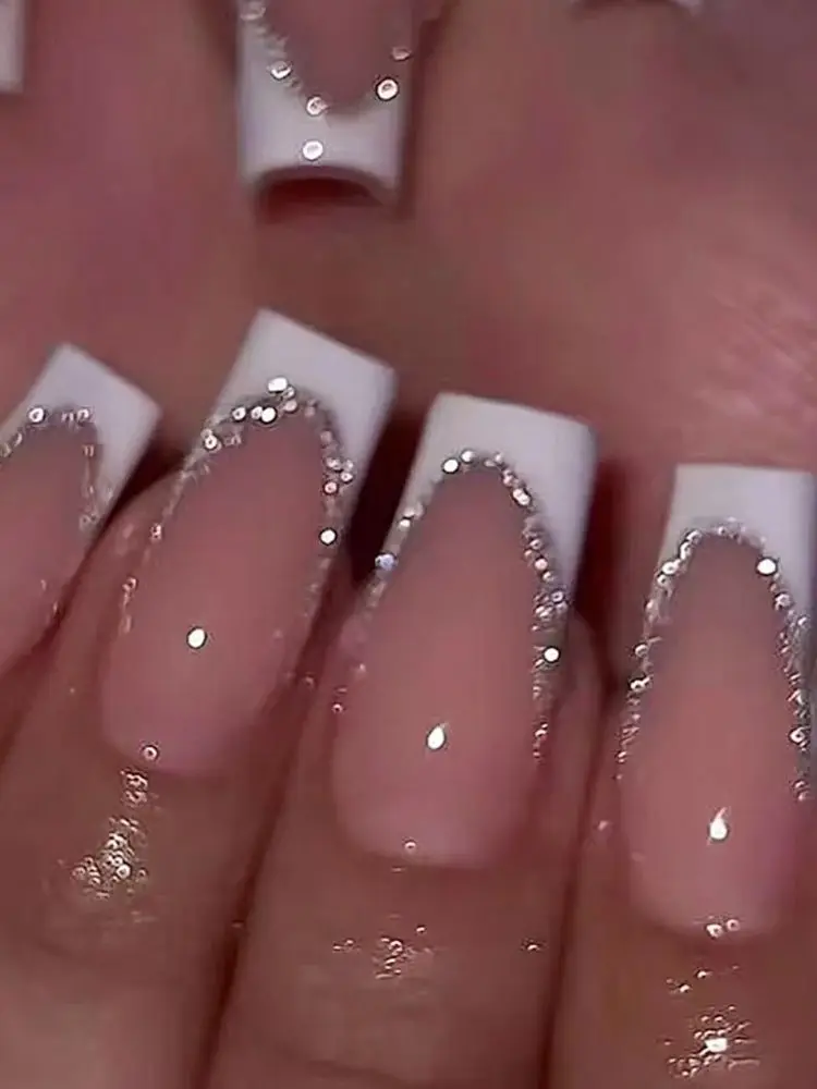 Faux ongles longs et carrés à pression, 24 pièces, paillettes 3D, bord argenté, rose, français, réutilisables et portables, pour la vie quotidienne *