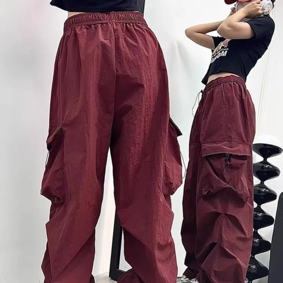 Girls' Harajuku Streetwear Fashion Straight-leg Pants Black Cool Multi-pocket High Waist Versatile Drape Loose Wide-leg Trousers