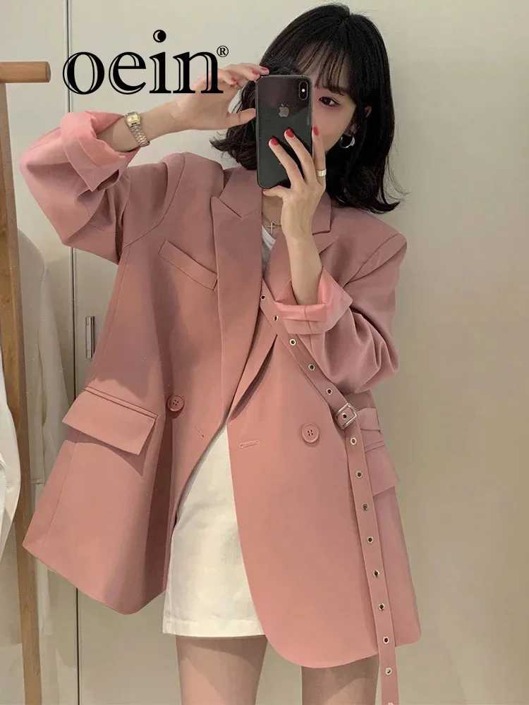 [oein] 2024 Autumn Korean Chic Suit Collar With Two Buttons And Tie Straps, Waist Cinching, Loose Long Sleeved Suit