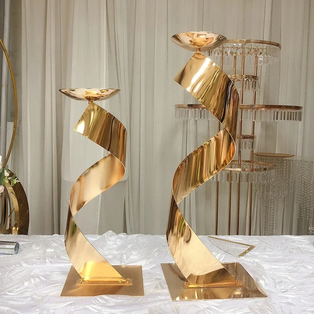 Goldener Metall-Blumenständer, Geometrische Wellenförmige Säule, Hochzeitstisch-Mittelstück, Elegante Event- und Bankett-Bühnen-Blumendekoration – Detail 3