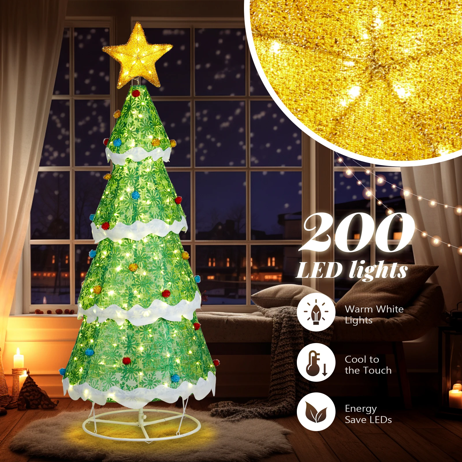 6FT Lighted Christmas Tree Yard Decorations, Pre-lit Pull Up Christmas Tree with 200 LED Warm White Lights and Ropes Stakes