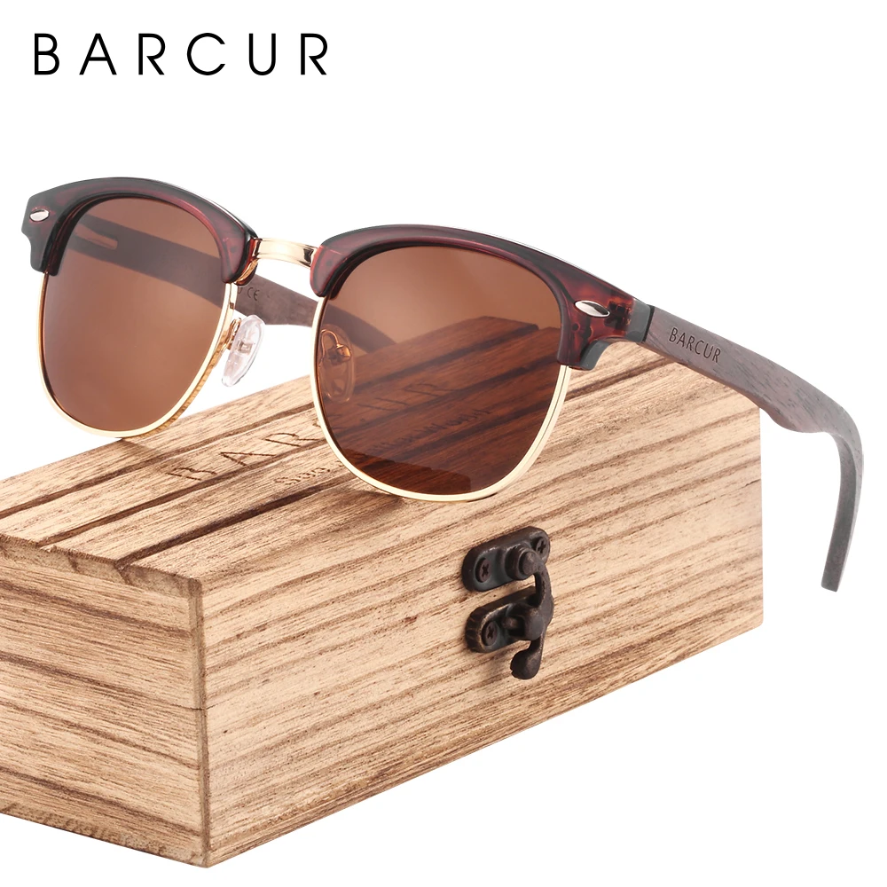 BARCUR Classic Black Walnut Wood Sunglasses Men Polarized Sun Glasses Handmade Wood Eyewear Oculos