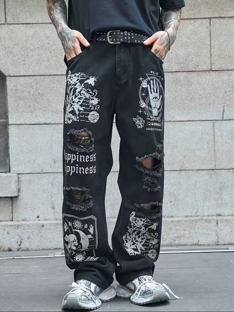 

Men's Jeans Casual Trousers Printed Wide Leg Y2K Denim Pants Ripped Autumn Vintage Black Mid Waist Streetwear Men's Clothing