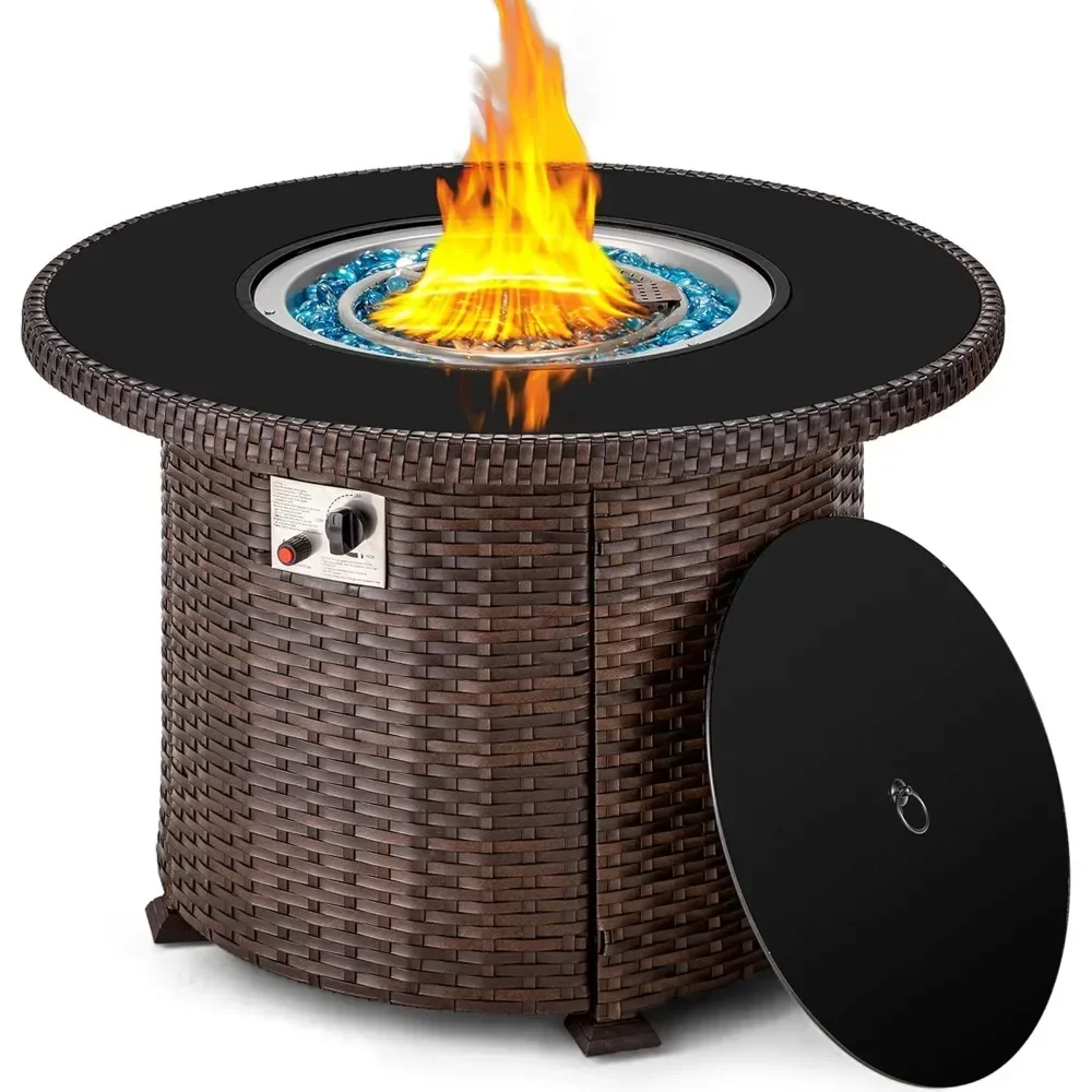 Propane Fire Pit Table with Weather-Resistant Cover & Tempered Glass Tabletop Patio Outdoor Wicker Fire Table Outdoor Heating