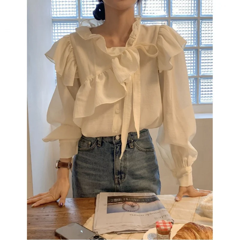 2022 Han Dongdaemun Spring/Summer New Fairy Top Beveled Ruffled Collar Lace-up Long Sleeve Shirt