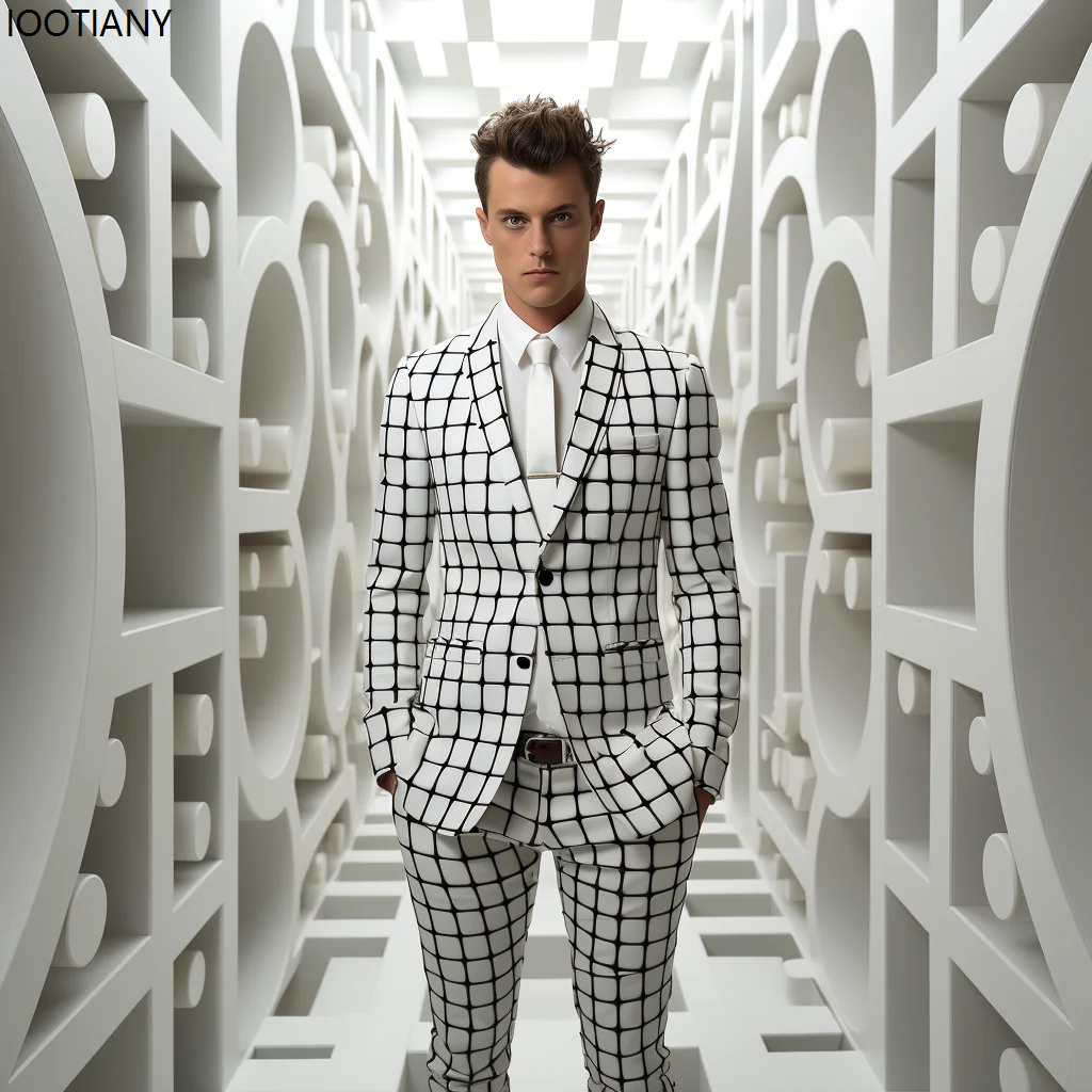 Men Plaid Stripe Printed Suit Daily Classic Business Casual Jacket & Pant Long Sleeve Simple Suit Two-piece Custom Formal Tuxedo