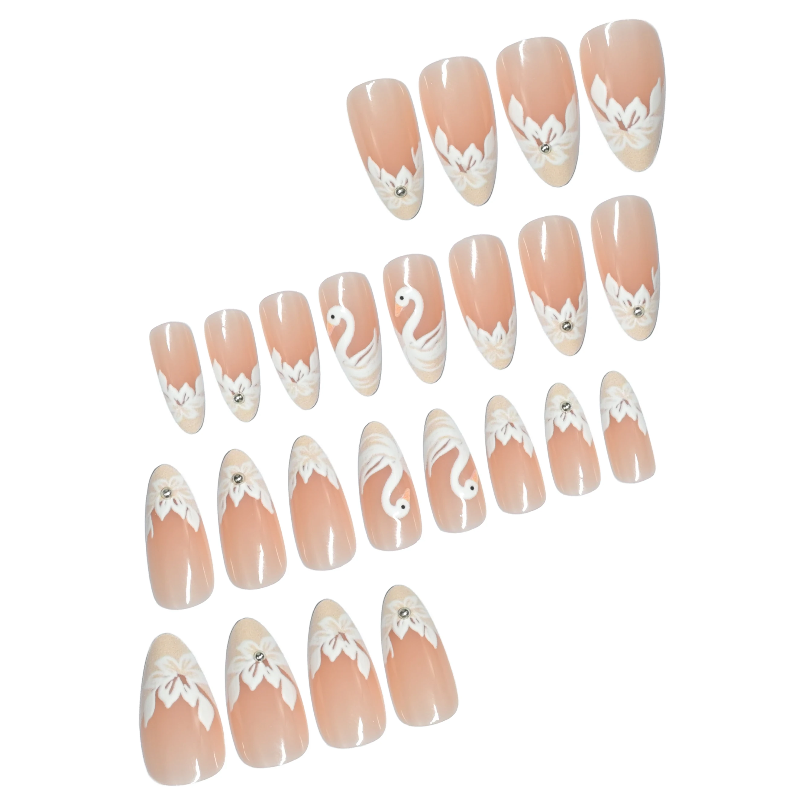 24Pcs Medium Almond Press On Nails Nude Skin Tone Hand‑painted White Swan & Flower Rhinestone False Nails Reusable Manicure For