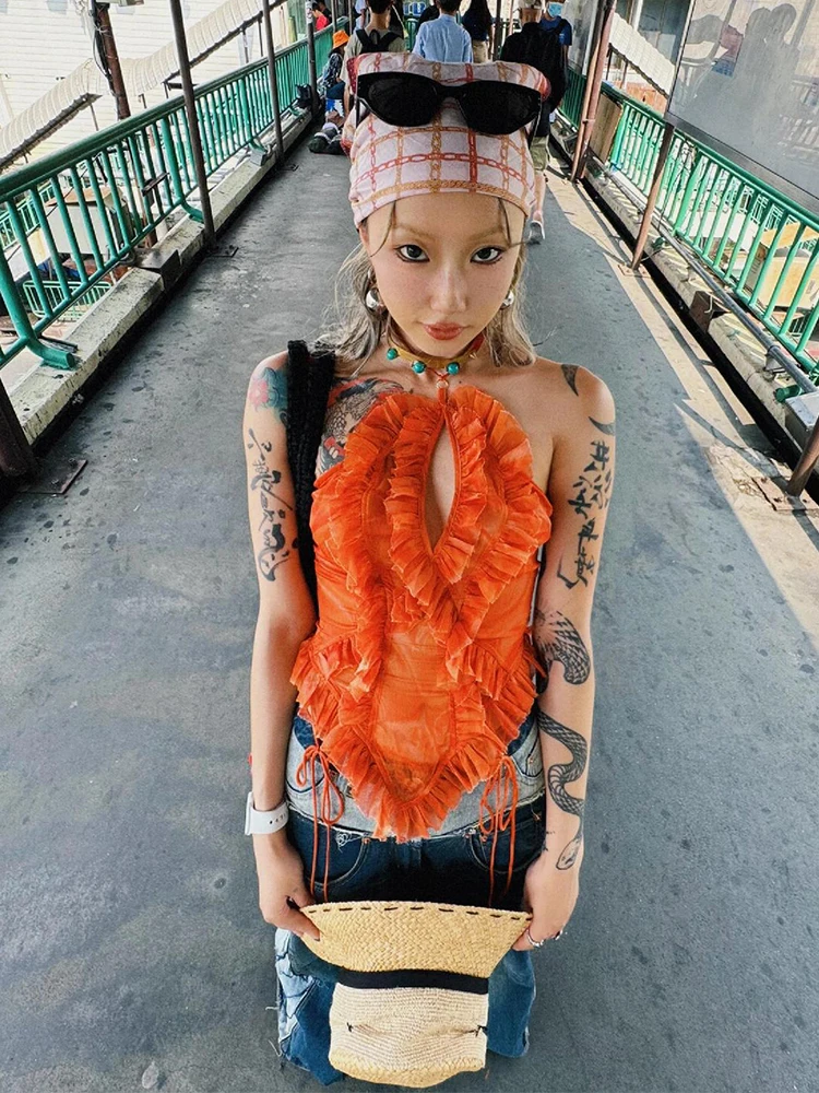 

Huax American Sle Hot Girl Orange Gored Gored Strapl Vest Women Summer Print Svel Top Trendy Ne Hanging
