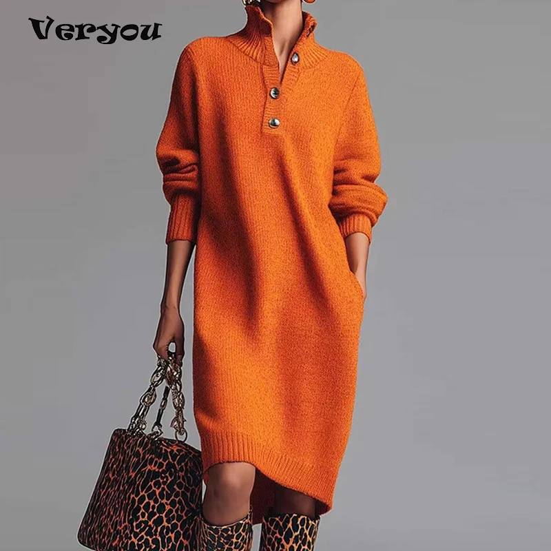 Fashion Knitted Dress Women's Autumn Winter New Straight Midi Length Sweater Dresses For Women Casual Long Sleeve Office Dress