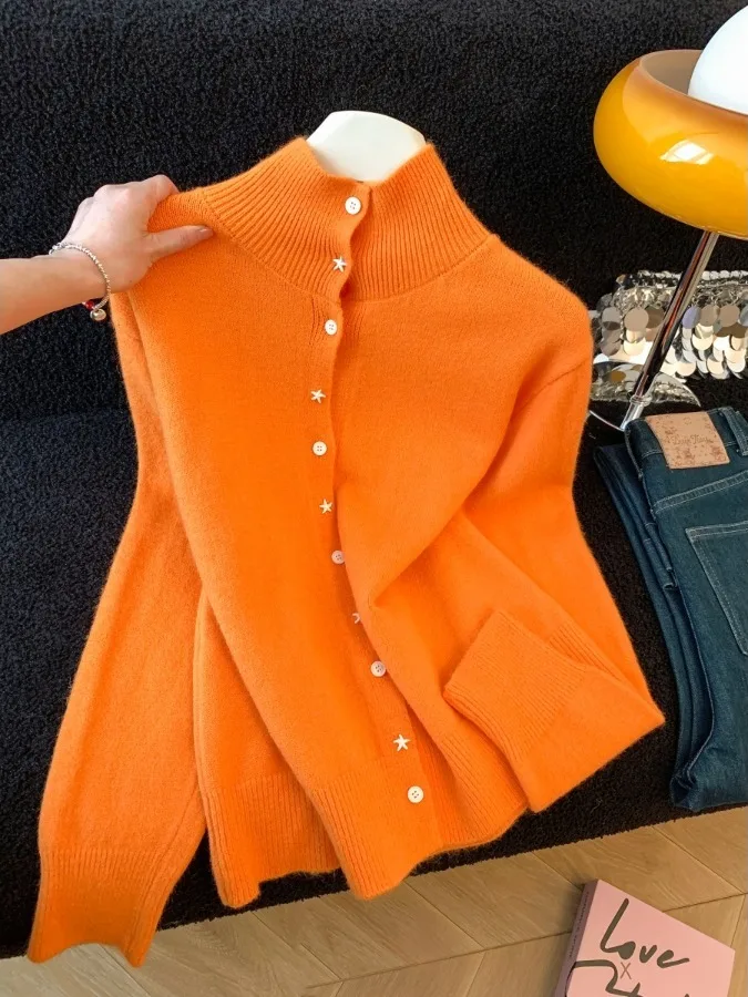 

High-End Luxury Women's Klein Blue High Collar Knitted Cardigan Sweet Sle Sweater Coat Korean Version Regular Fit Long Sve